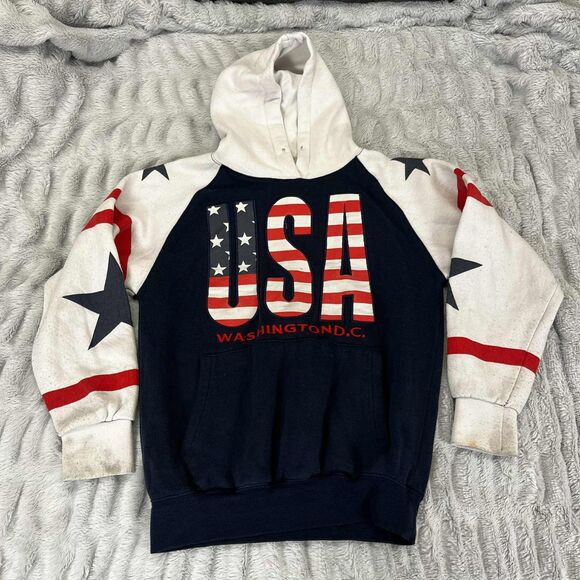 Hoodie Men’s Small USA Washington DC Flag Stars Stripes Patriotic Vintage Stains - Picture 1 of 10
